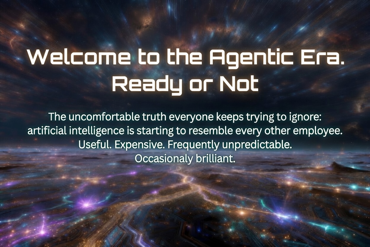 Welcome to the Agentic Era. Ready or Not: futuristic cosmic landscape above a glowing neural network cityscape