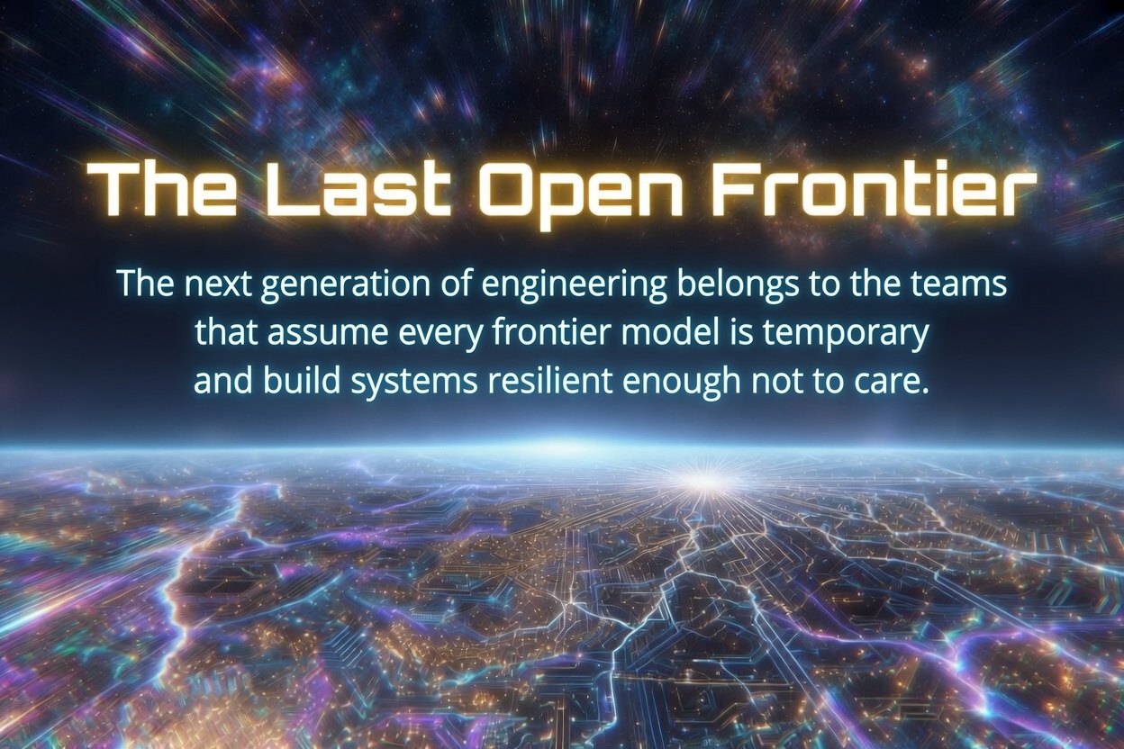 The Last Open Frontier — cosmic landscape with glowing title text and subtitle about building resilient systems around temporary frontier models